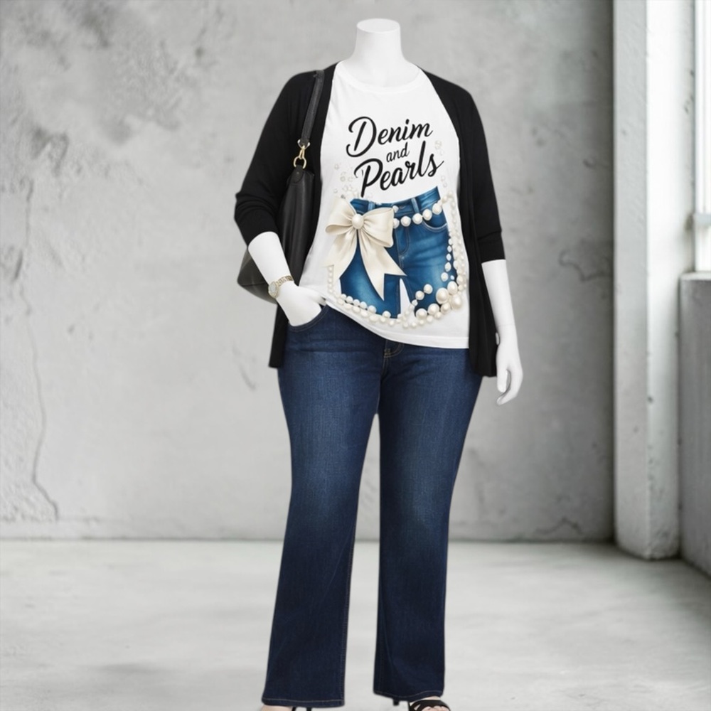 New “Denim and Pearls@ Graphic Tee - White - Picture 2 of 13